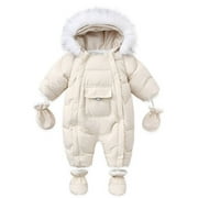 Baby Winter Clothes for Girls Boy 6M 12M 18M 24M Infant Thicken Long Sleeve Hooded Romper Jumpsuit with Gloves and Foot Warm Coat Snowsuit Clothing for Newborn